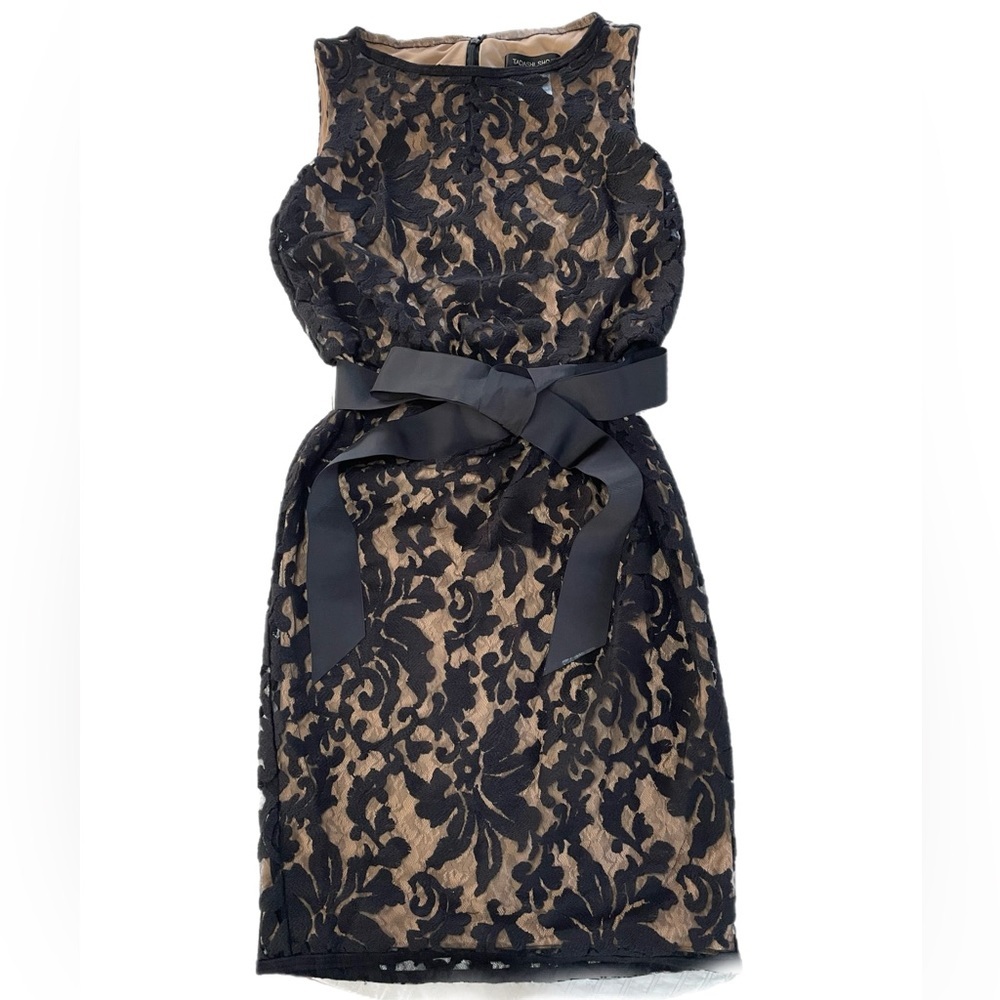 Tadashi Shoji Black Floral Lace Sheath Dress with Ribbon Belt​ LBD